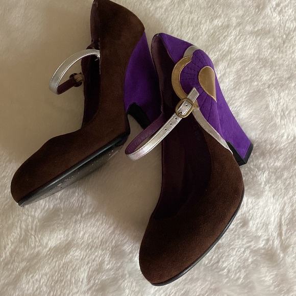 EUC MARC JACOBS Brown & Purple Mary Jane Color Block Metallic Accents Sz 37 1/2 - Picture 13 of 16